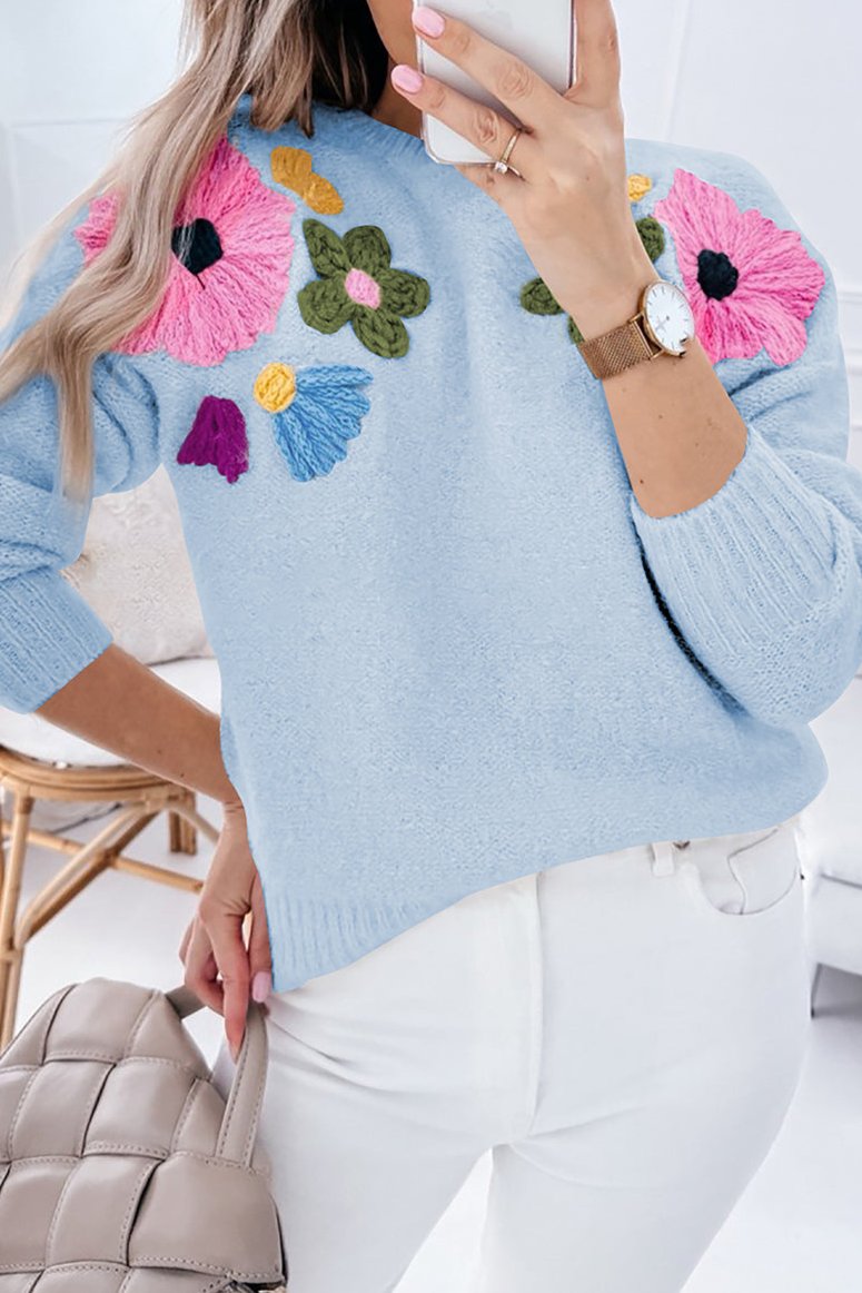 Floral Knit Ribbed Trim Sweater