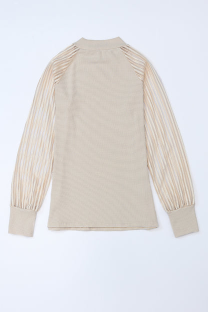 Stripe Ribbed Mesh Long Sleeve Crewneck Top