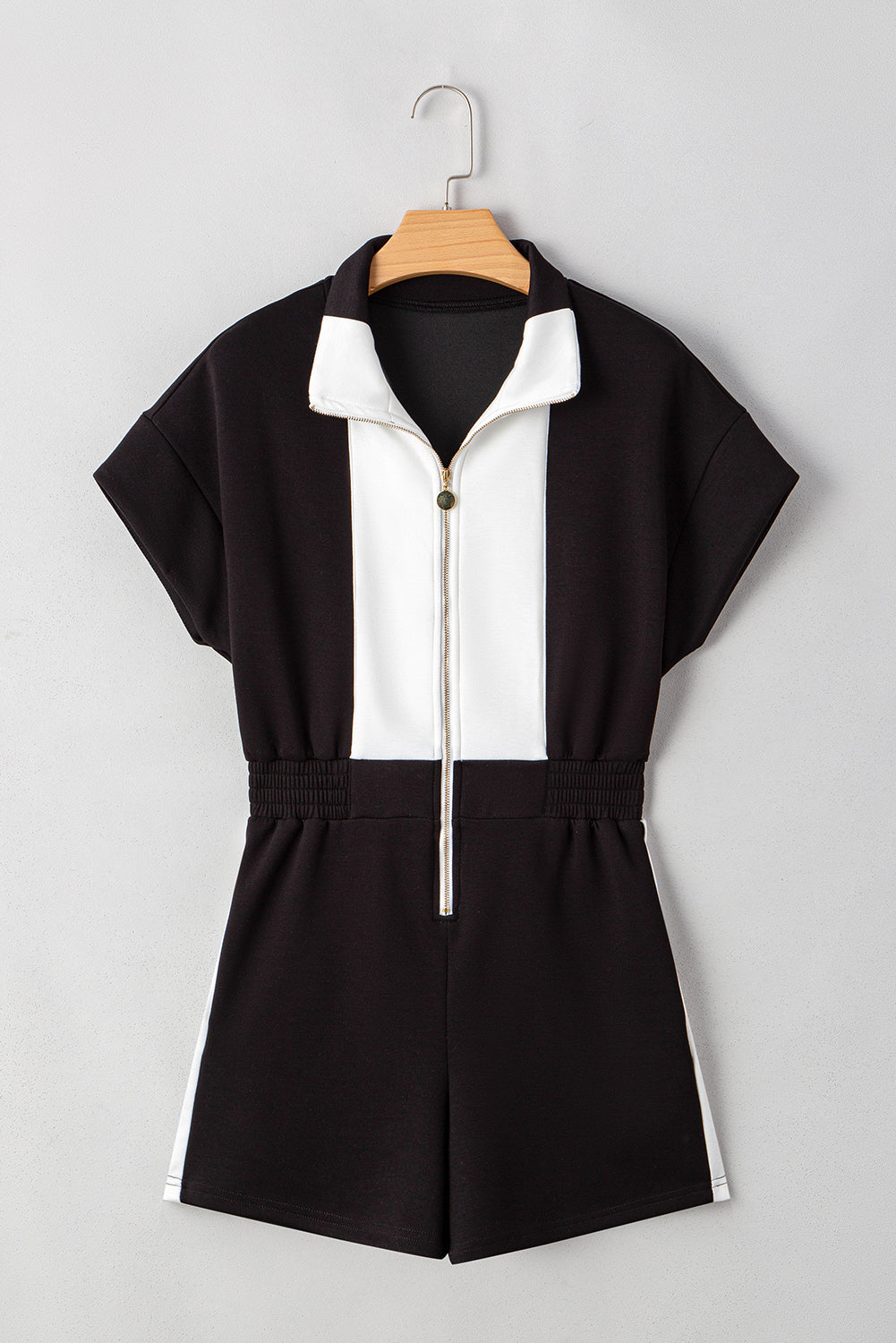 Colorblock Zip Front Collared Short Sleeve Romper