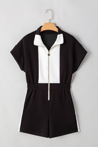 Colorblock Zip Front Collared Short Sleeve Romper