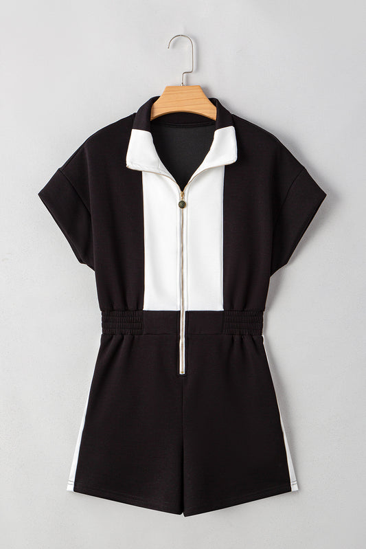Colorblock Zip Front Collared Short Sleeve Romper