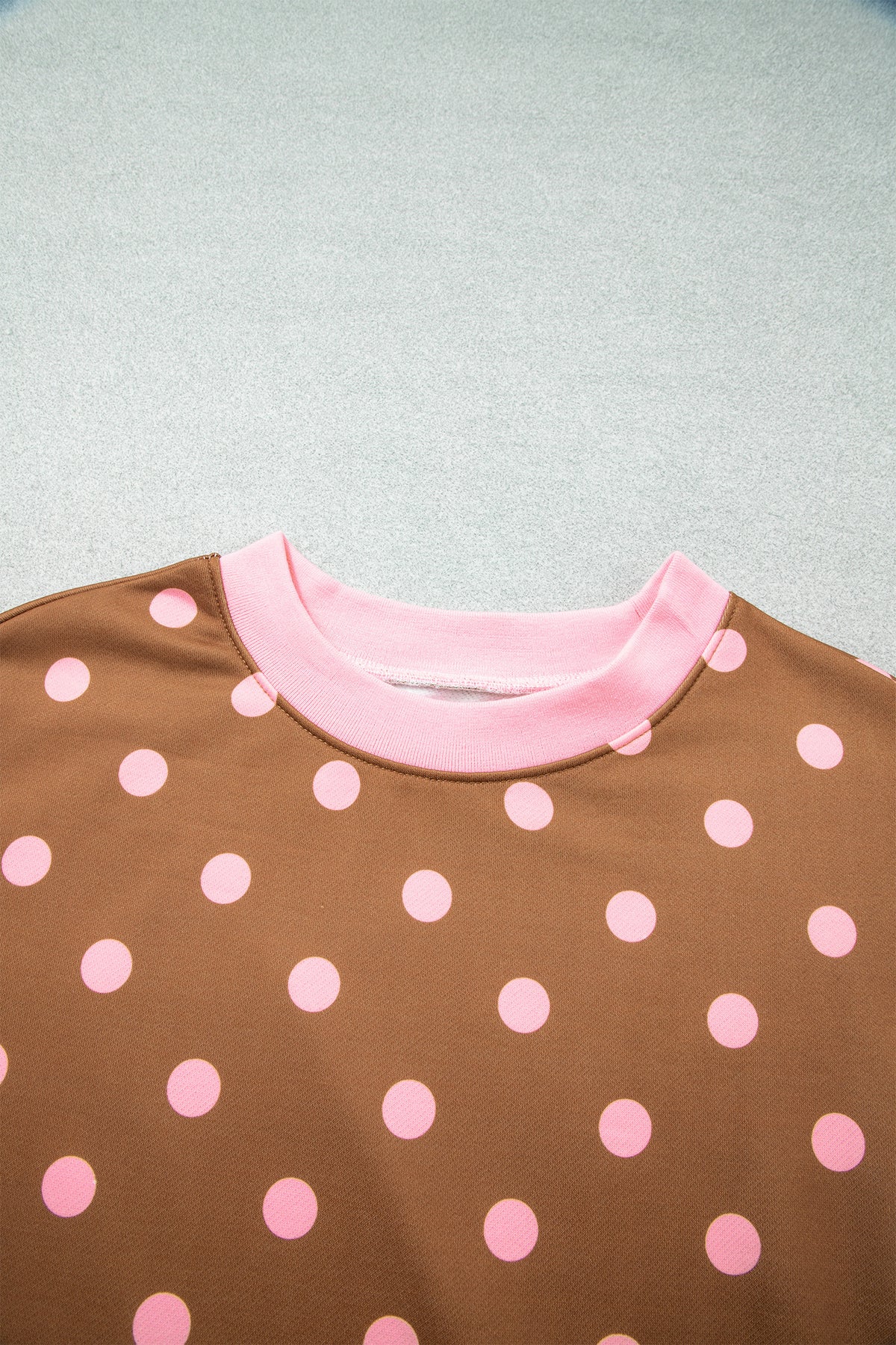 Polka Dot Colorblock Trim Round Neck Sweatshirt