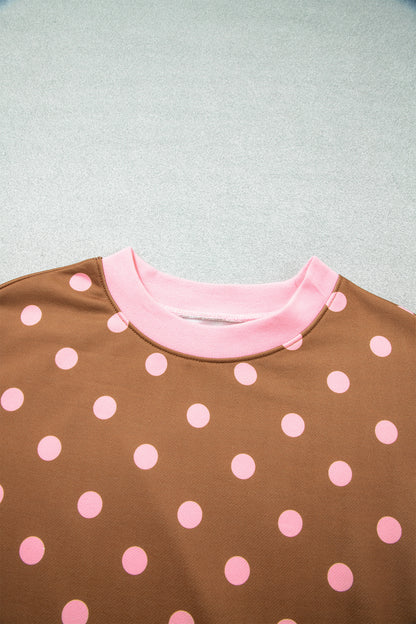 Polka Dot Colorblock Trim Round Neck Sweatshirt