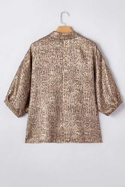 Snake Skin Metallic Polo Collared V-Neck Blouse