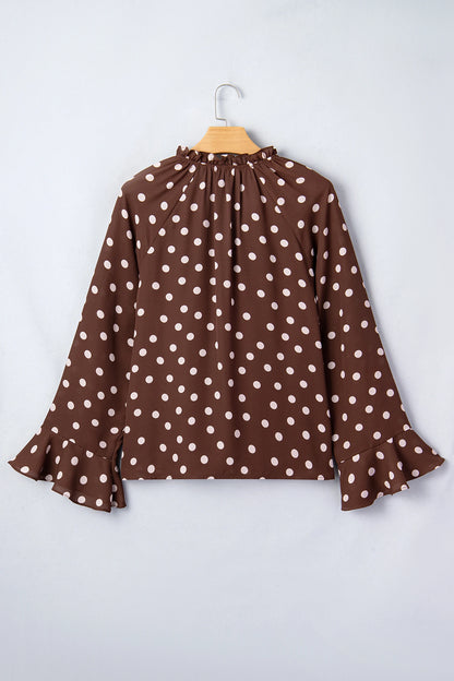 Polka Dot Ruffle Trim V-Neck Bell Sleeve Blouse