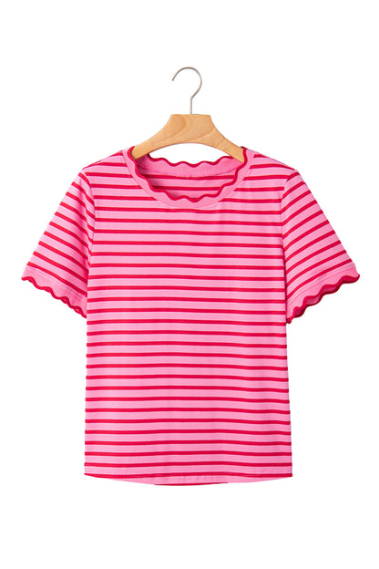 Stripe Scallop Trim Round Neck T-Shirt