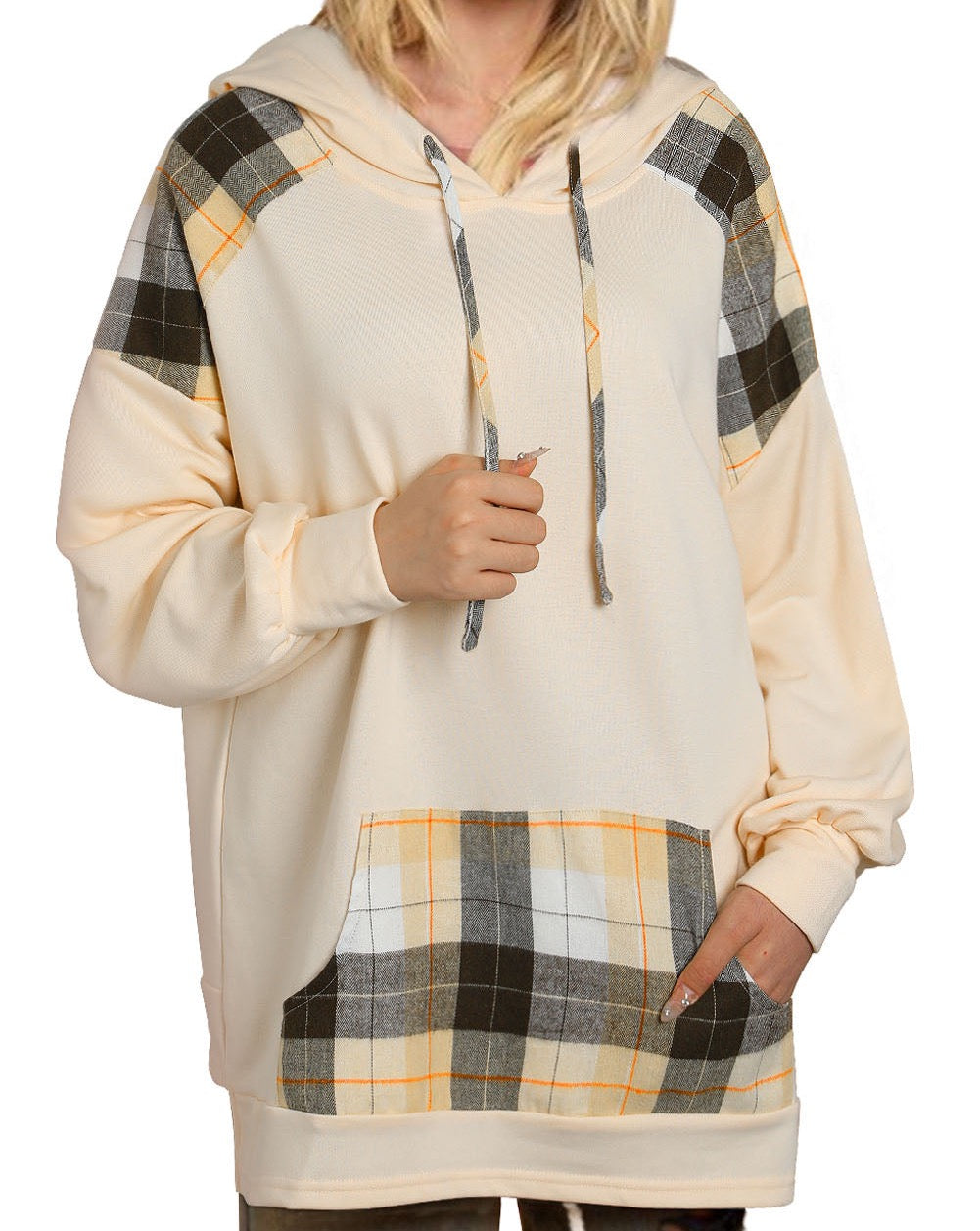 Plaid Patchwork Kangaroo Pocket Hoodie