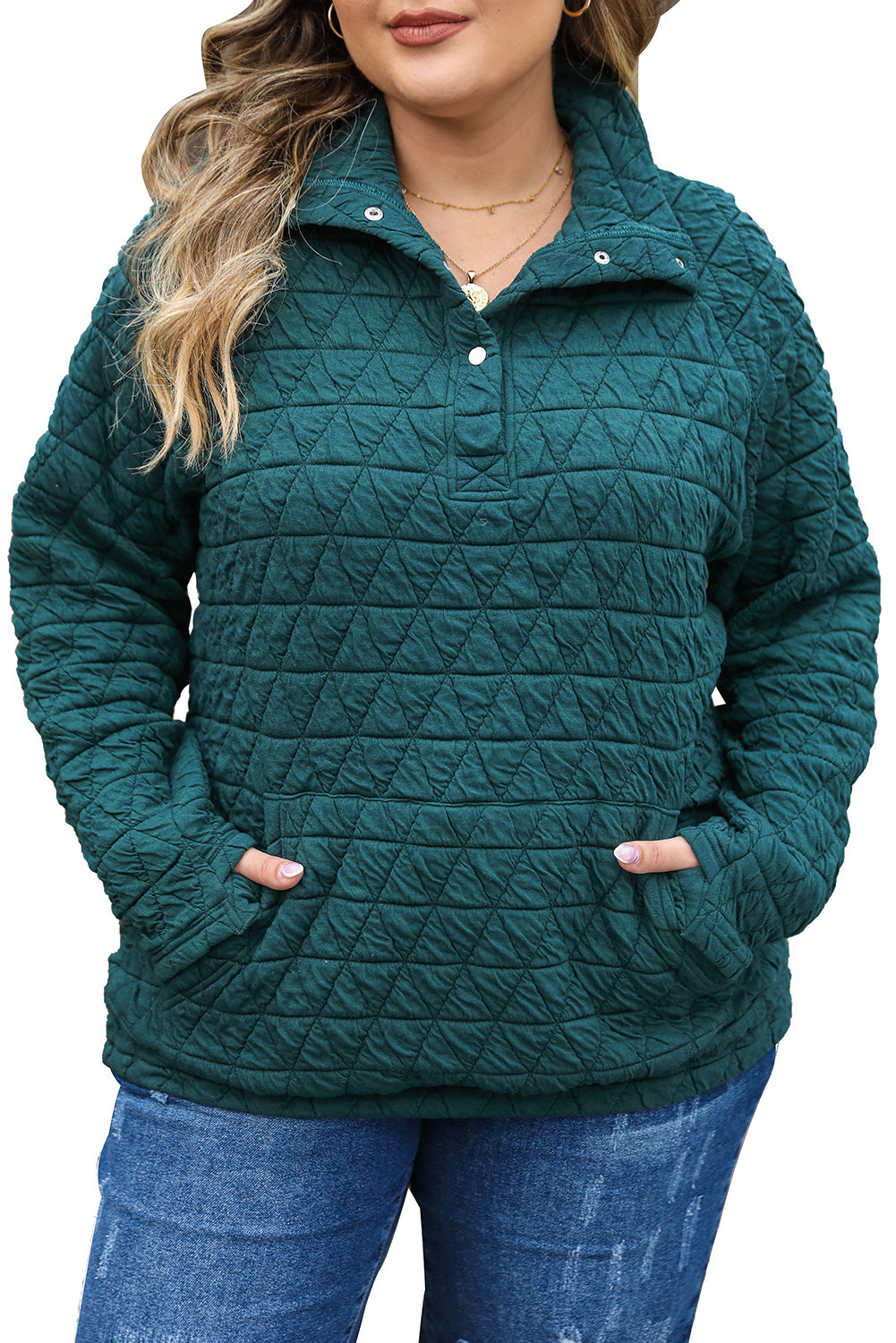 Quarter Buttoned Quilted Sweatshirt Plus Size