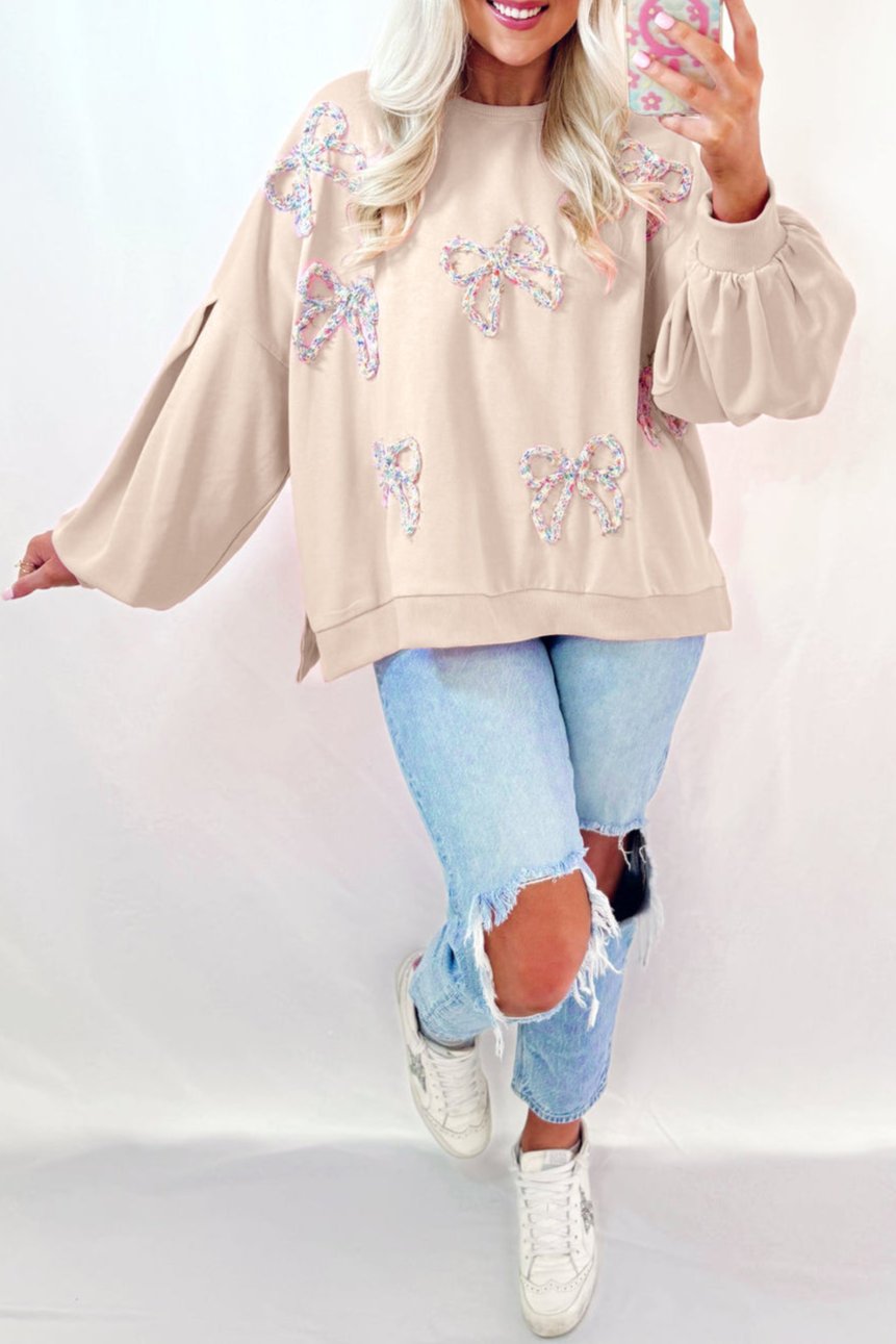 Bow Embroidered Lantern Sleeve Sweatshirt