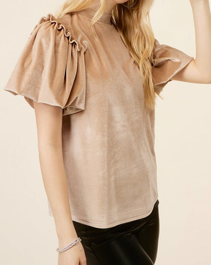 Velvet Frilled Puff Sleeve Blouse