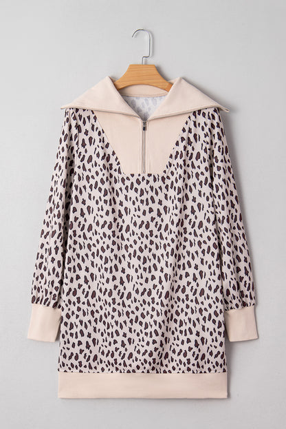 Leopard Patchwork Zip-Up Collar Mini Dress