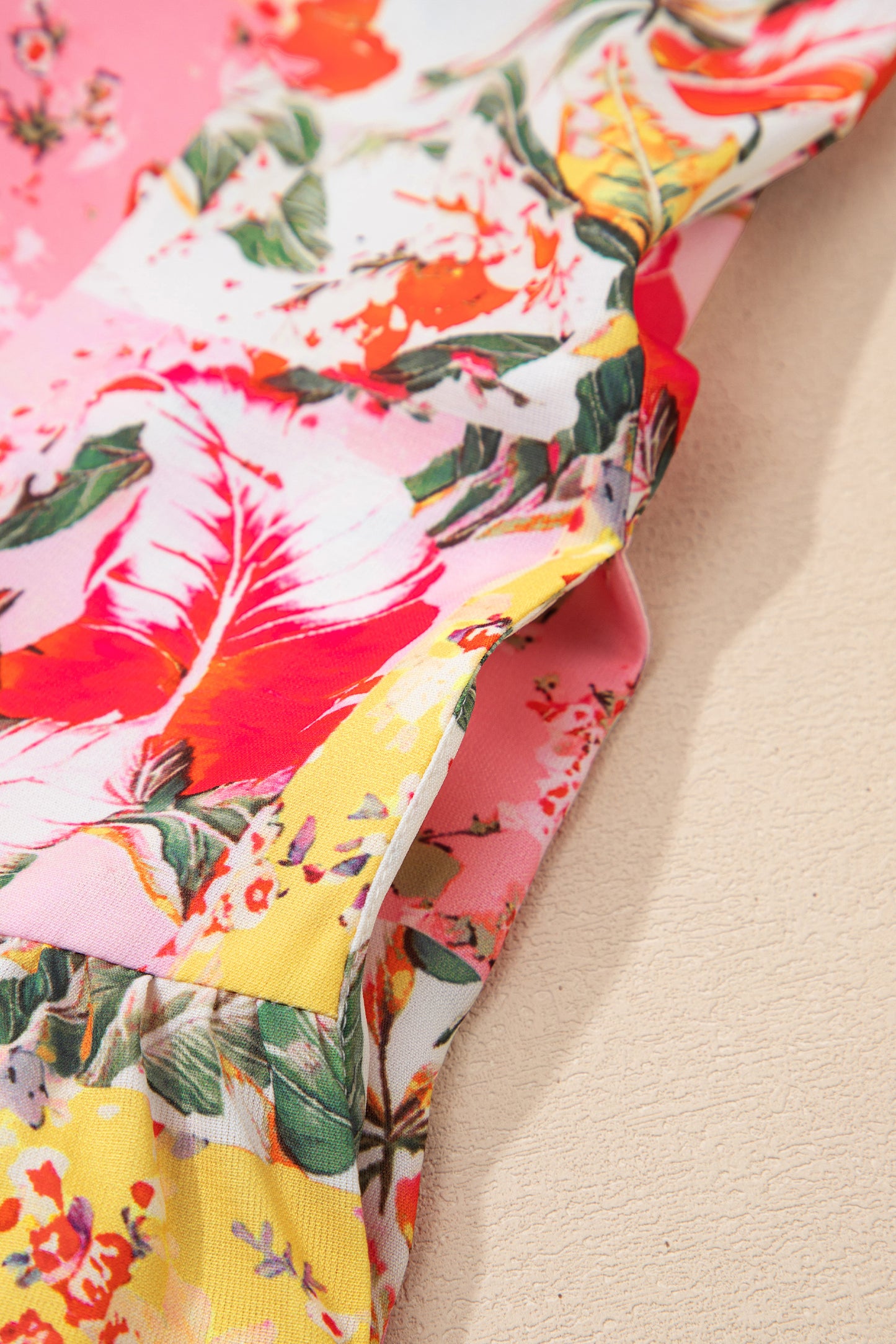 Floral Colorblock Trim V-Neck Ruffle Mini Dress