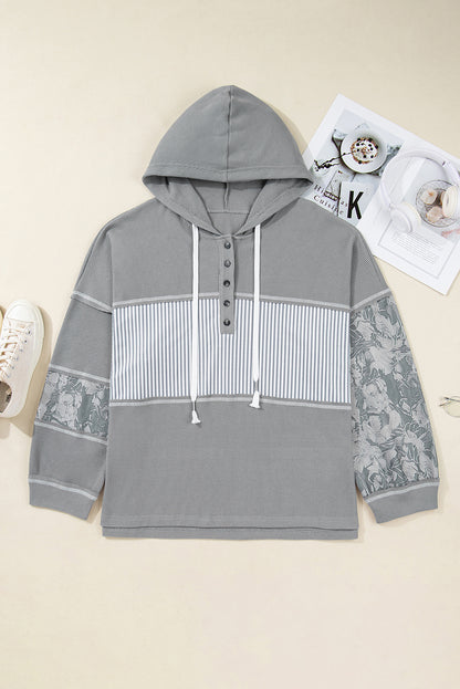 Plus Size Stripe Patchwork Waffle Half-Button Hooded Top
