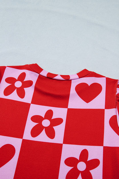 Valentine Heart & Flower Checker Long Sleeve Blouse