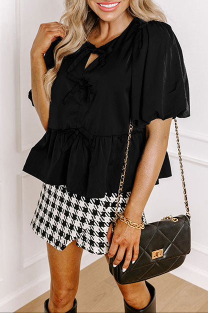 Bow Puff Sleeve Peplum Blouse