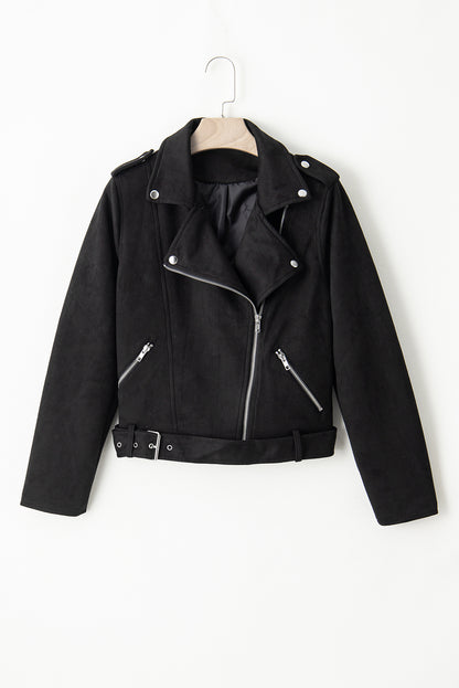 Suede Zip-Up Belted Motorcycle Jacket