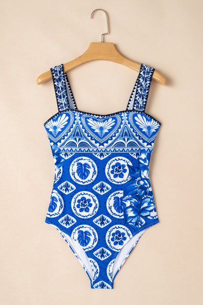 Floral Tile Ricrac Wide Straps One Piece Swimsuit