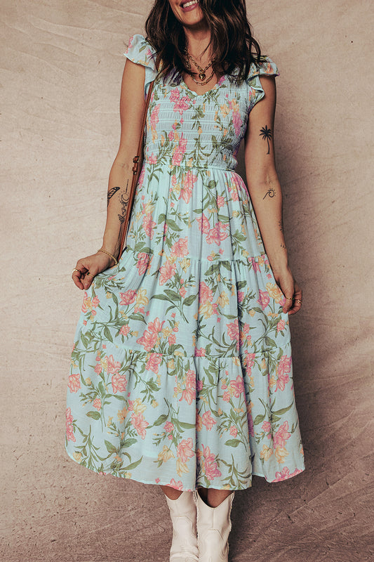 Floral Smocked V-Neck Ruffle Tiered Maxi Dress