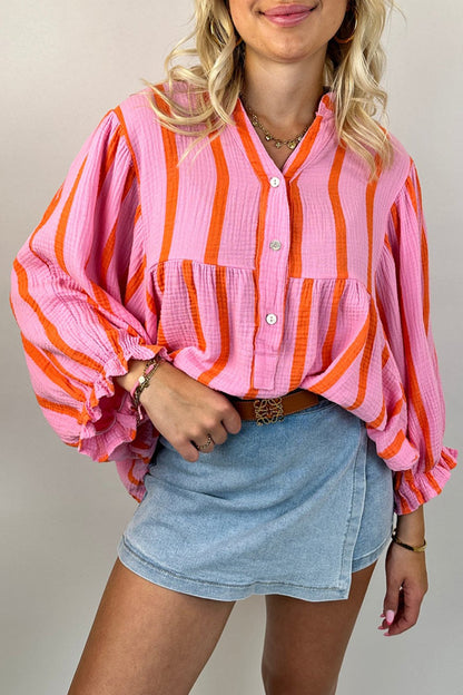 Stripe Ruffle Sleeve Buttoned Shirt