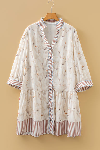 Plus Size Floral Stripe Trim Patchwork Button-Up Dress