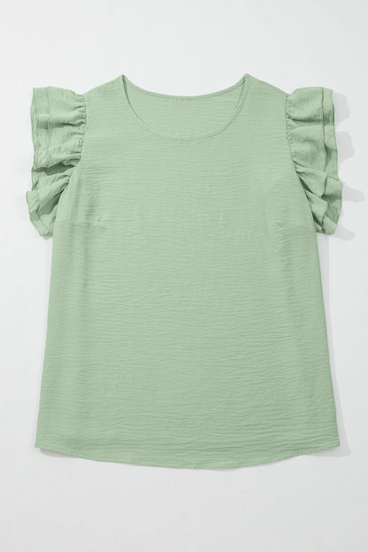 Plus Size Solid Crew Neck Ruffle Sleeve Top