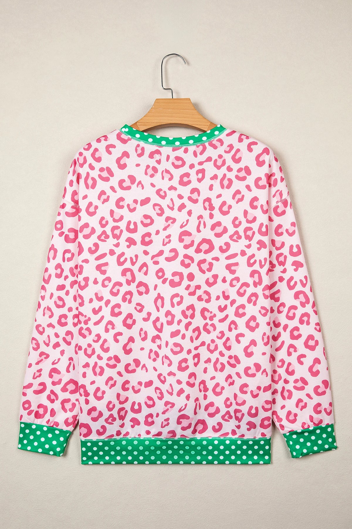 Leopard Polka Dot Colorblock Trim Long Sleeve Top