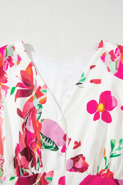 Plus Size Floral Ruffle Sleeve Buttoned Midi Dress