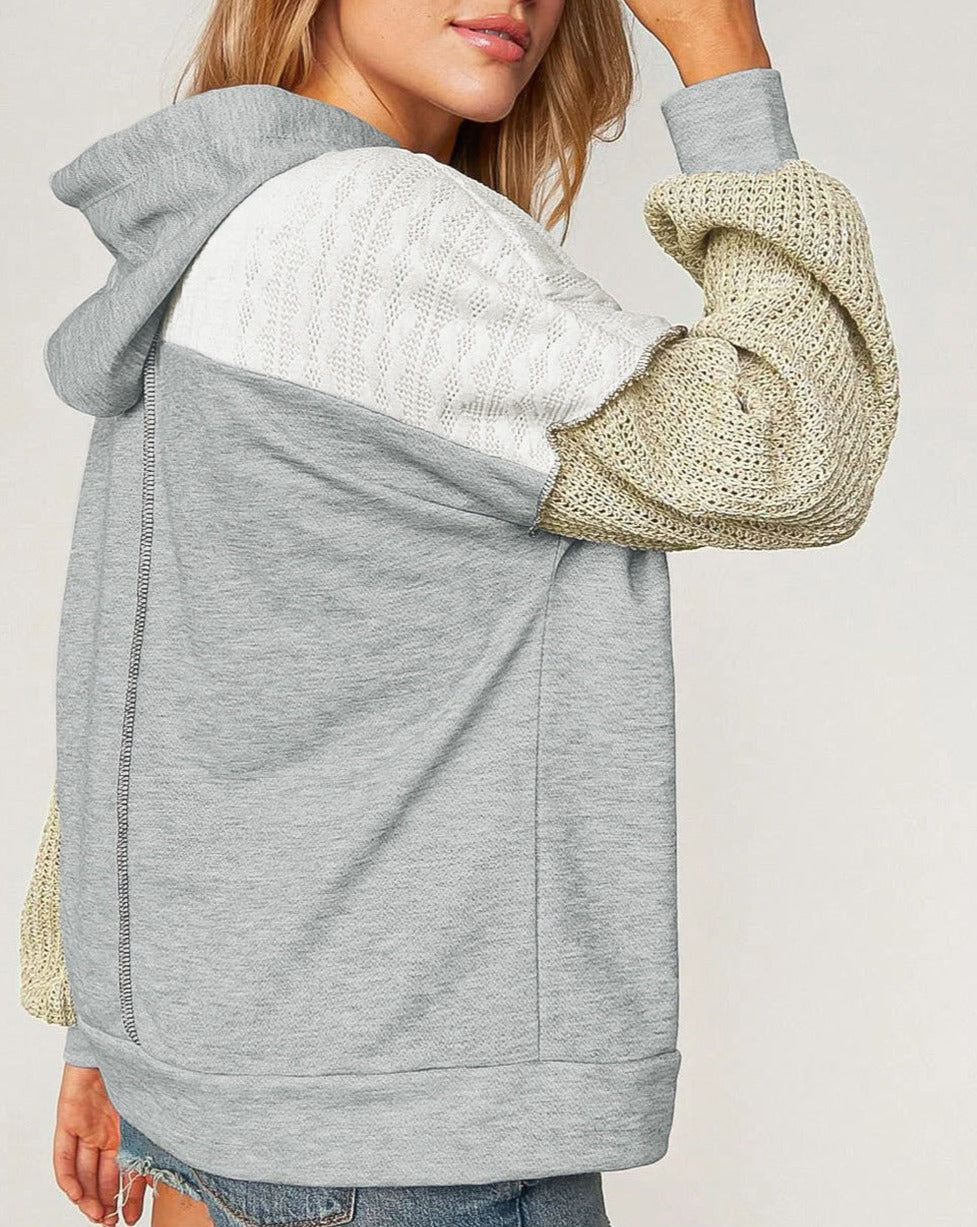 Cable Textured Patchwork Pullover Hoodie