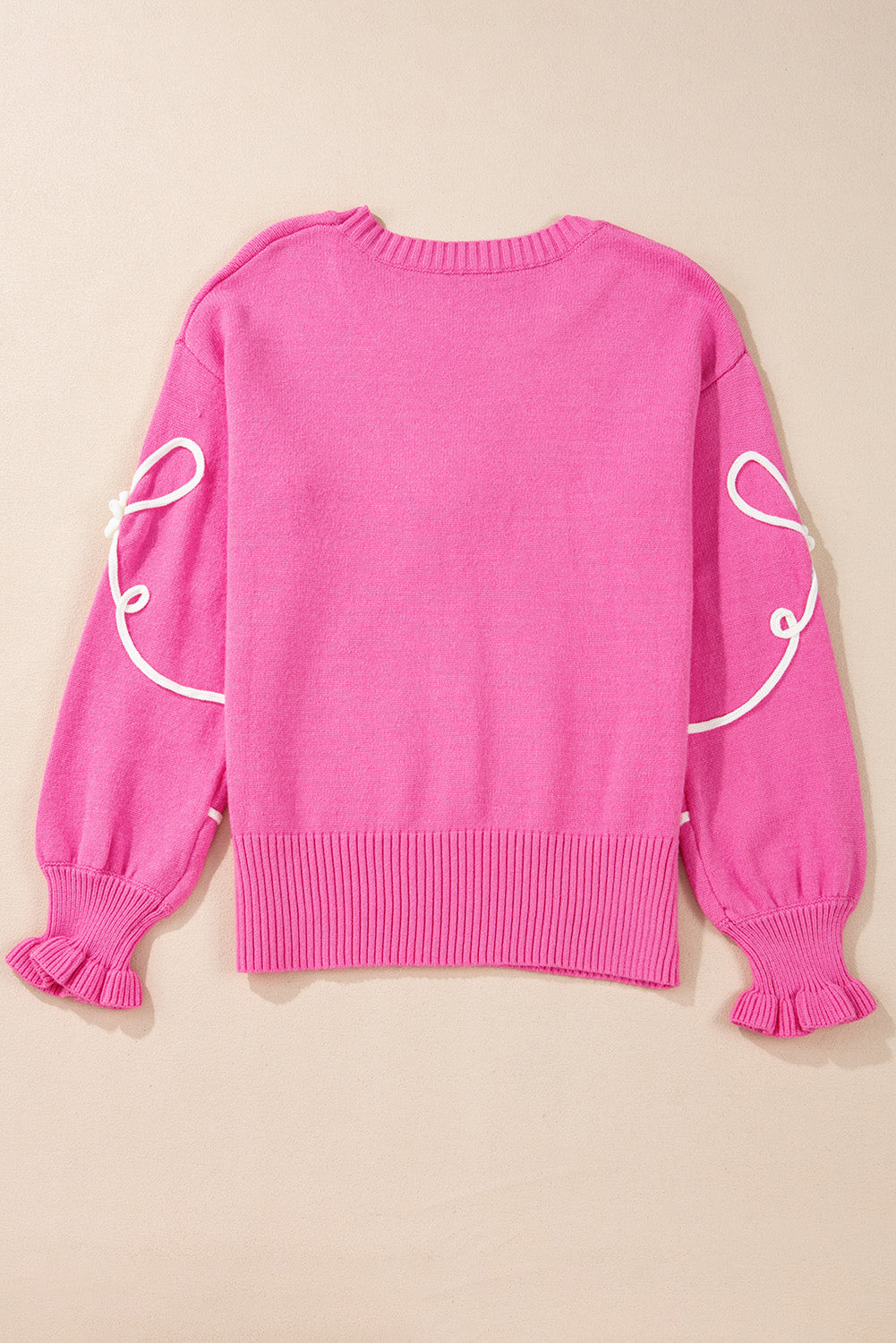 Bow Ribbed Flounce Sleeve Sweater