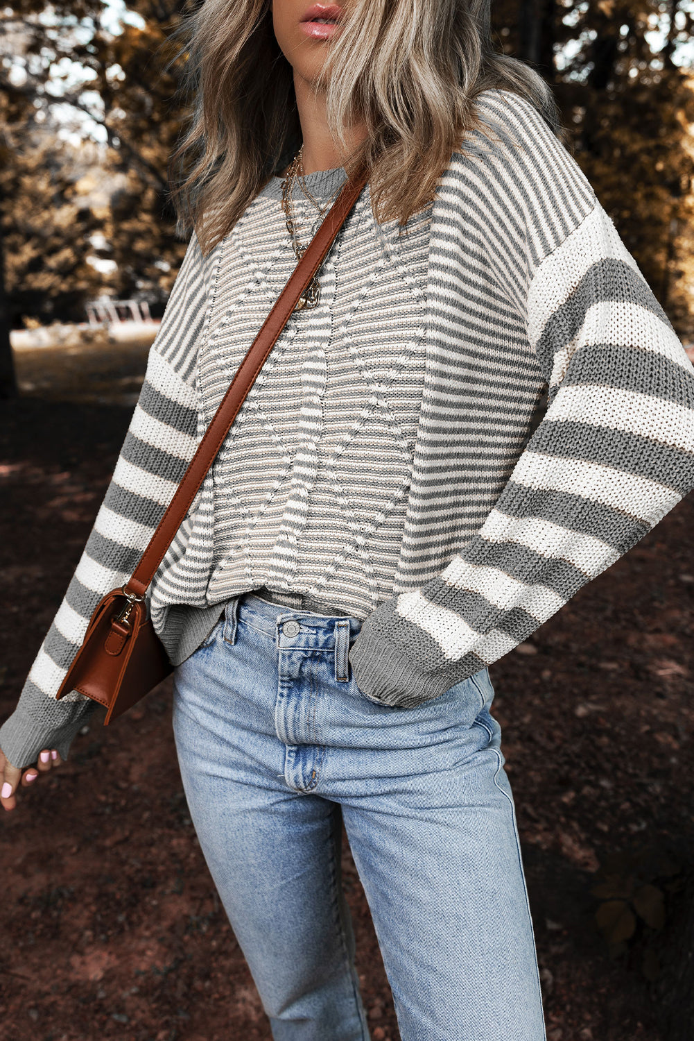 Stripe Texture Ribbed Trim Sweater