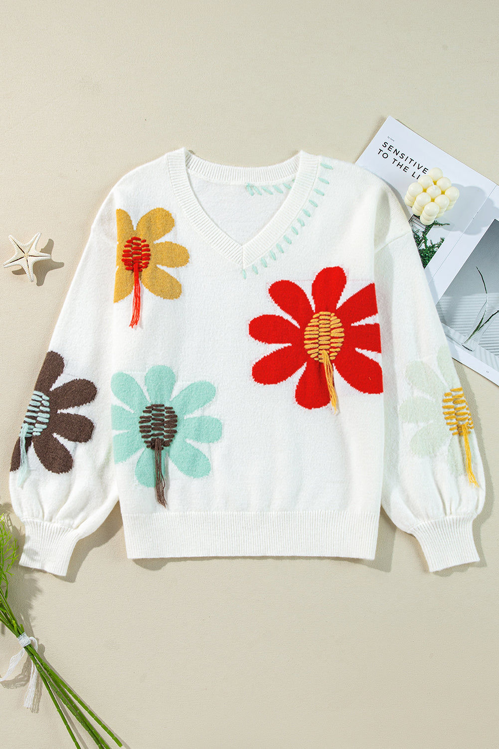 Floral V-Neck Drop Shoulder Sweater