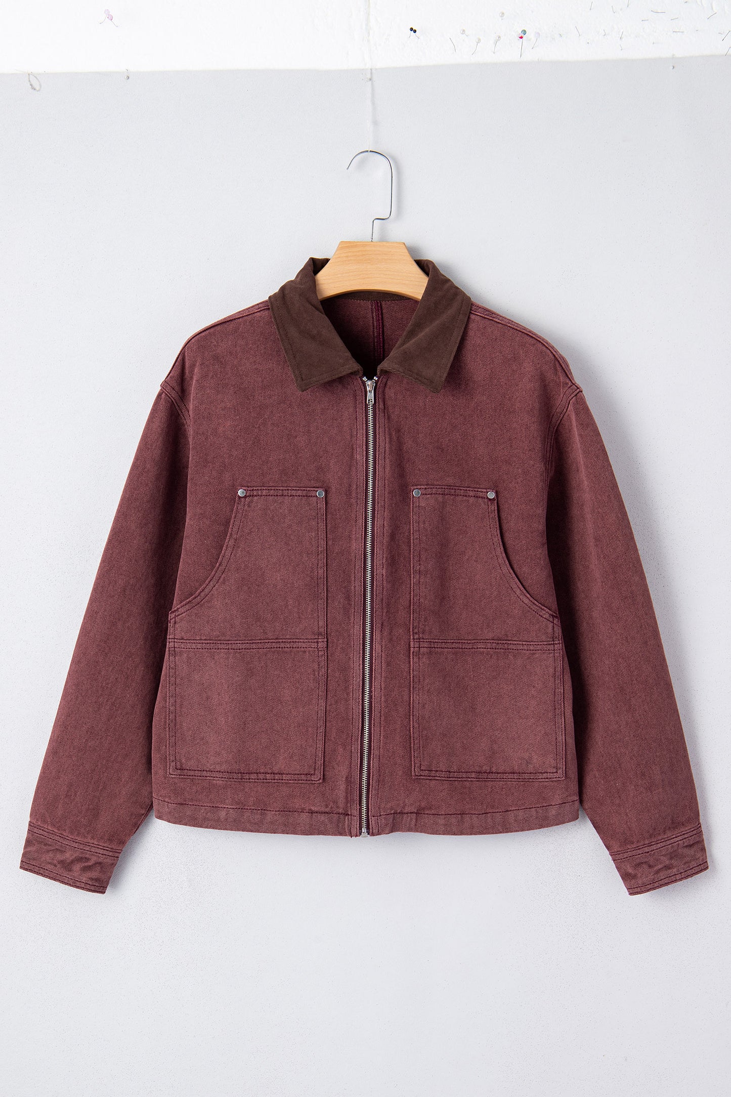 Corduroy Collar Zipped Front Denim Jacket