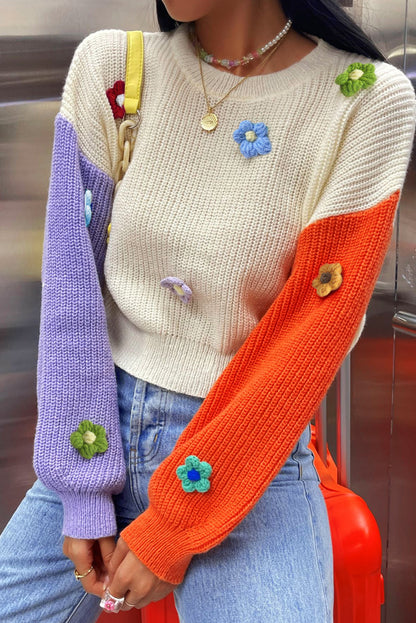 Floral Applique Colorblock Sweater