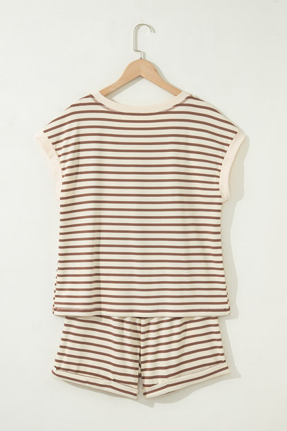 Stripe Cap Sleeve Henley Top & Shorts Set