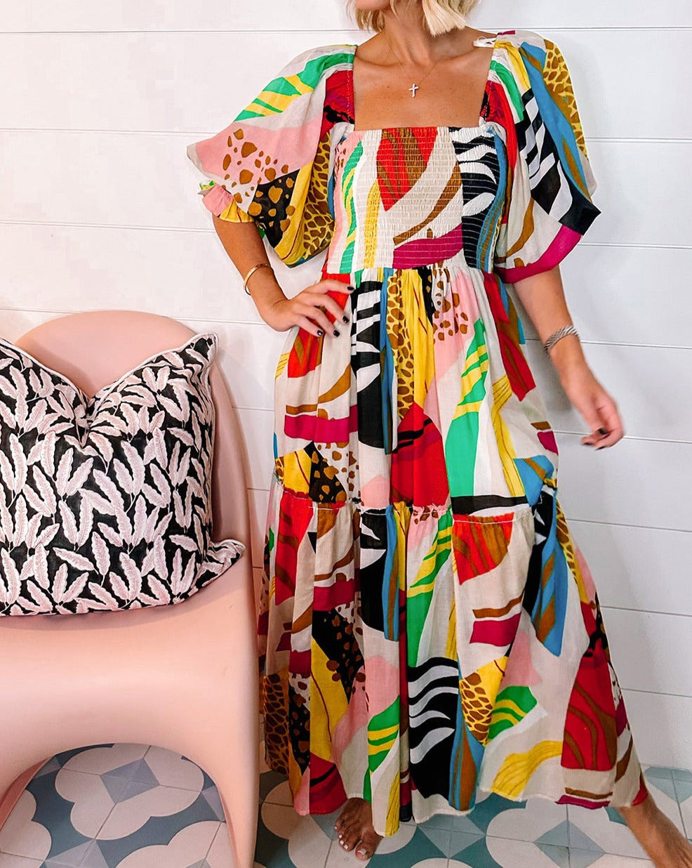 Abstract Puff Sleeve Maxi Dress