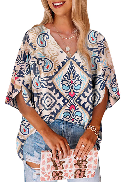 Geometric V-Neck Short Sleeve Blouse