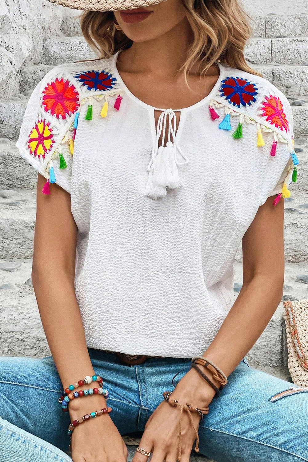 Floral Crochet Tassel Texture Blouse