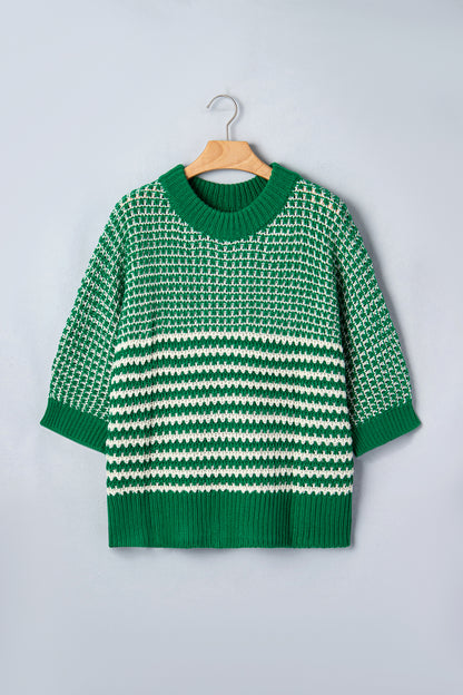 Stripe Draped 3/4 Sleeve Slouchy Sweater