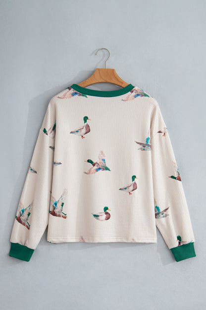 Mallard Duck Corded Knit Crew Neck Pullover Top