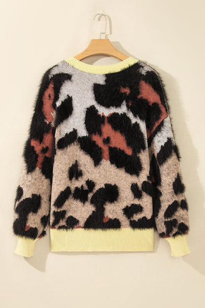 Leopard Colorblock Trim Drop Shoulder Fuzzy Sweater