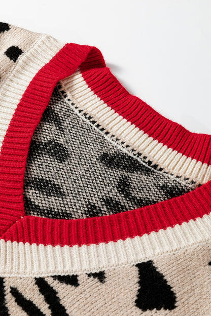 Leopard Contrast Stripe Ribbed Knit V-Neck Sweater