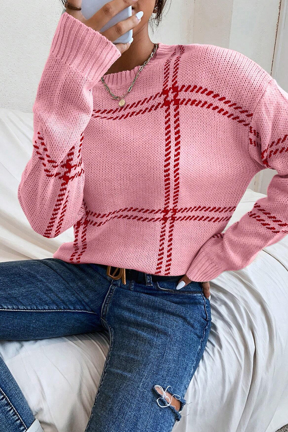 Plaid Drop Shoulder Crewneck Sweater