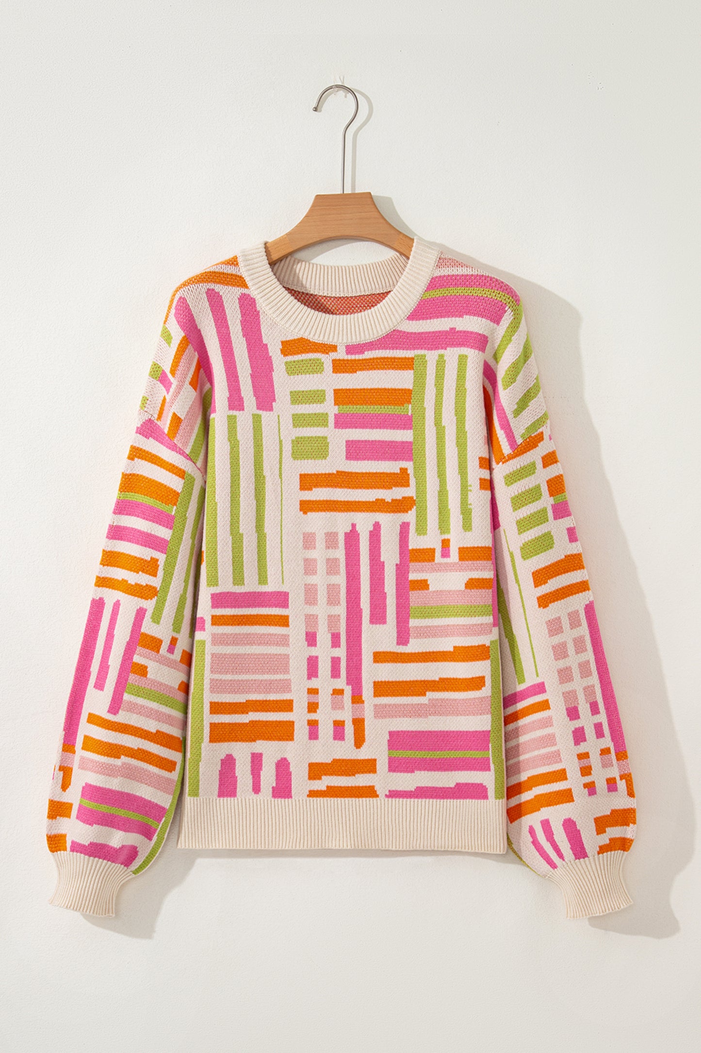 Geometric Stripe Crewneck Puff Sleeve Sweater