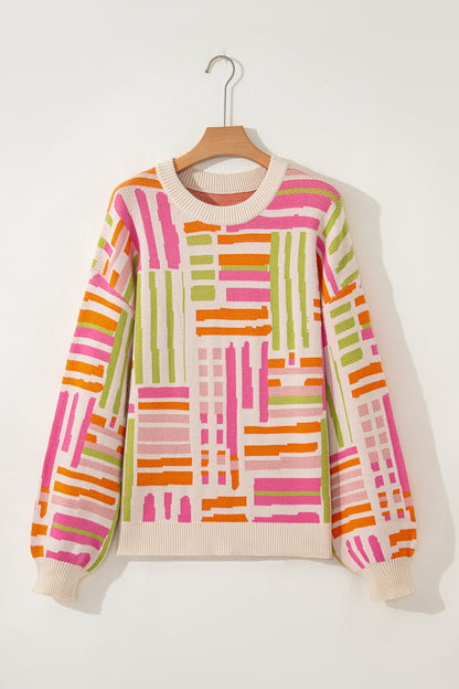 Geometric Stripe Crewneck Puff Sleeve Sweater