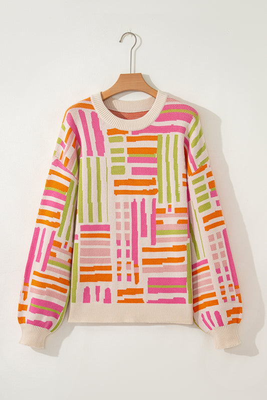 Geometric Stripe Crewneck Puff Sleeve Sweater