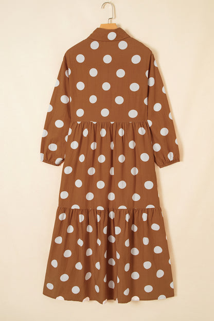 Polka Dot Buttoned Long Sleeve Tiered Midi Dress