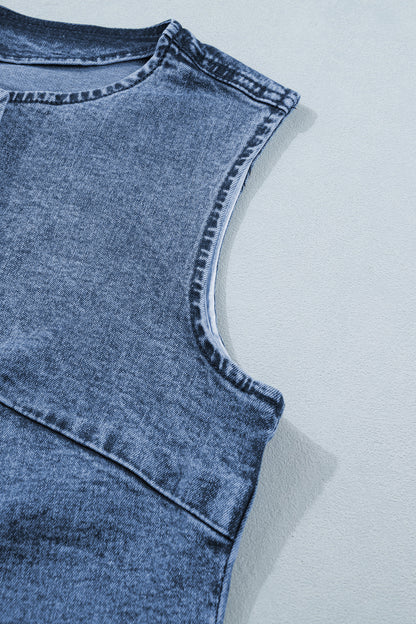 Western Denim Button Front Slit Sleeveless Vest