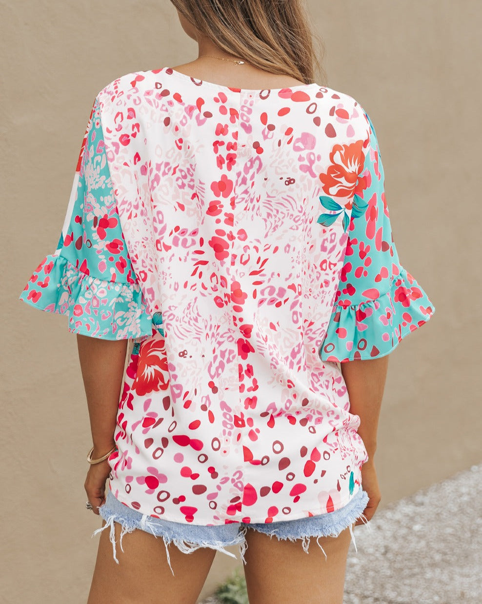 Leopard Floral Colorblock Wrap Blouse