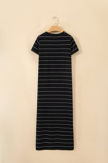 Stripe Short Sleeve Side Slit Maxi Dress