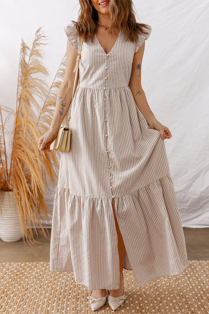 Stripe Flutter Sleeve Buttoned V-Neck Maxi Dress